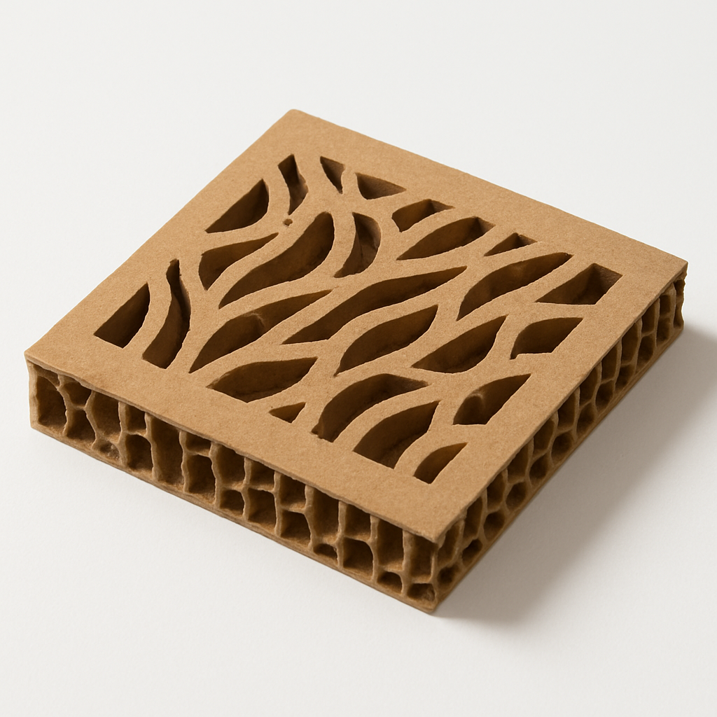A sample of engineered honeycomb kraft board with a CNC-cut pattern